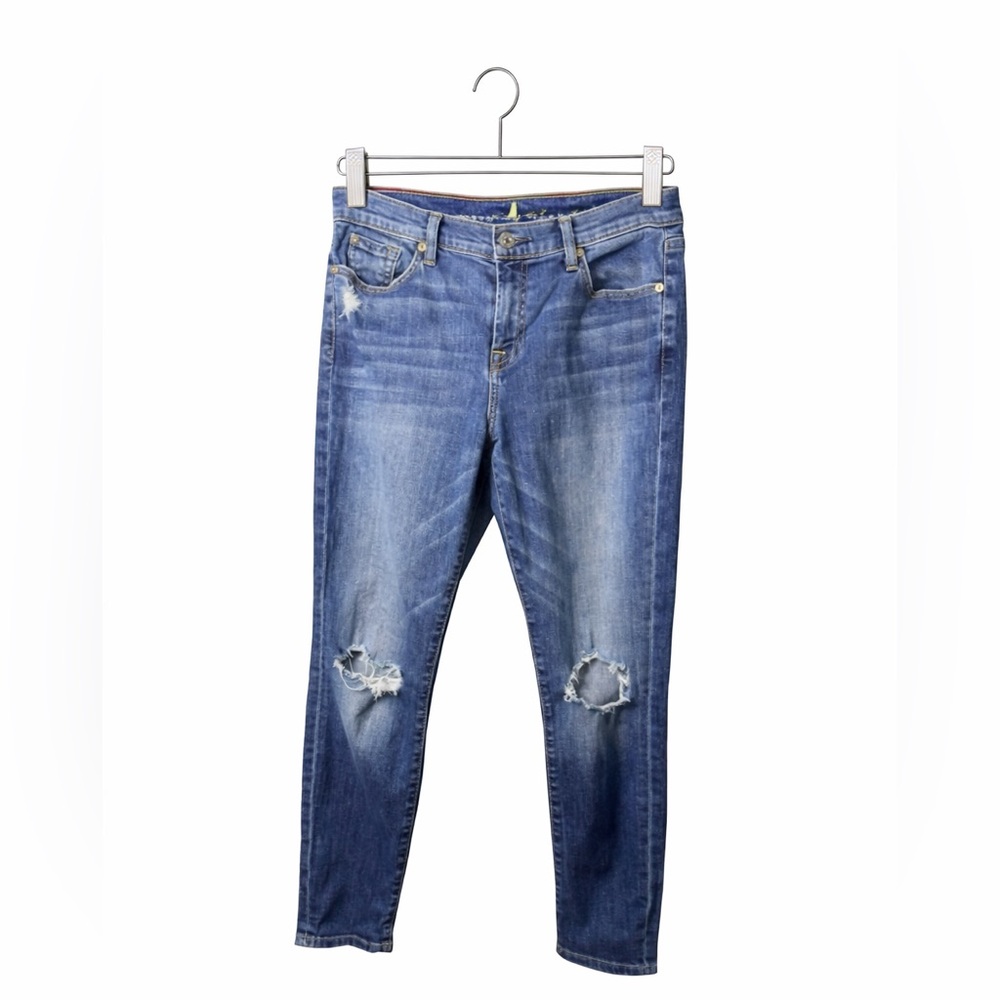 7 For All Mankind Distressed Skinny Jeans Size 30 Blue Wash Stretch Denim